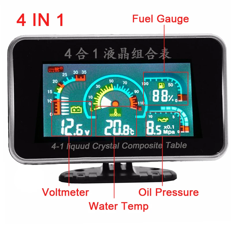 

LCD Car Digital 4 Functions 12v/24v Truck Car Oil Pressure Gauge +Volt Voltage Gauge + Water Temperature Gauge +Fuel Gauge Meter
