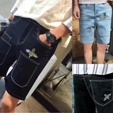 Новинка, летние мужские джинсовые шорты, модные, повседневные, короткие, трендовые, хип-хоп, Мужская одежда, Стрейчевые джинсы с карманами, мужские однотонные прямые шорты