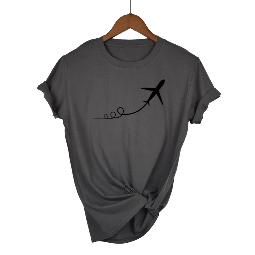 Новинка, женская футболка с принтом самолета, хлопковая Повседневная забавная футболка для девушек, топ, хипстер, Tumblr, Прямая поставка - Цвет: Dark Grey-B