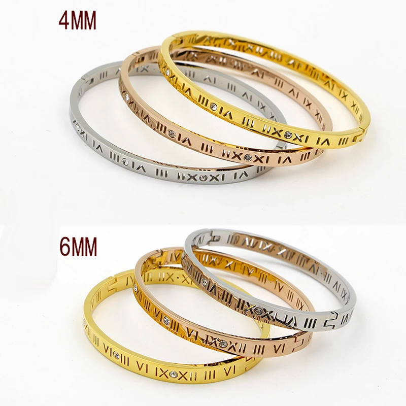 Zircon Bracelet 4mm 6mm Roman Numerals Women Fashion Jewelry Bangles