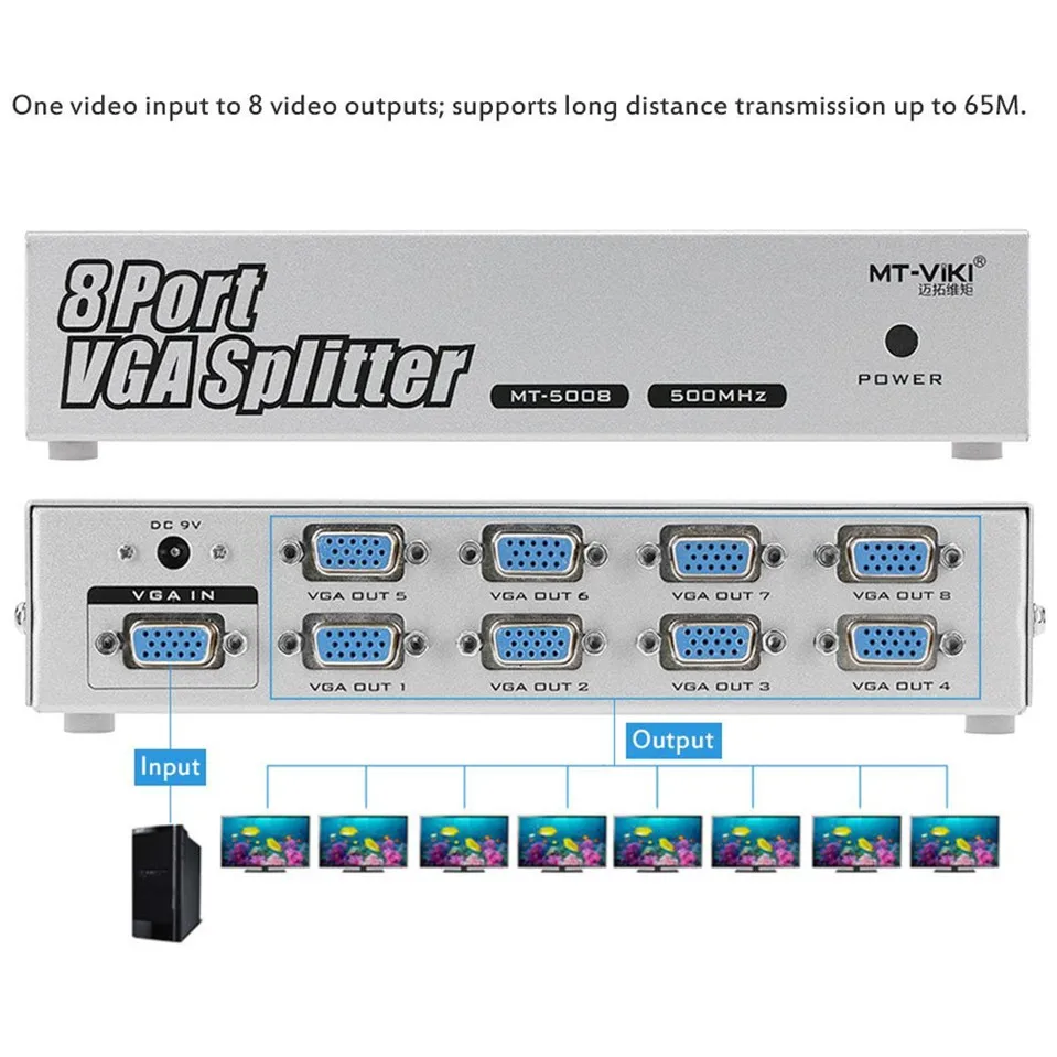 MT-VIKI Maituo 500 мГц VGA Video Splitter дистрибьютор Дубликатор 1 в 8 для Большой широкоформатный ЖК-дисплей Монитор Проектор mt-5008