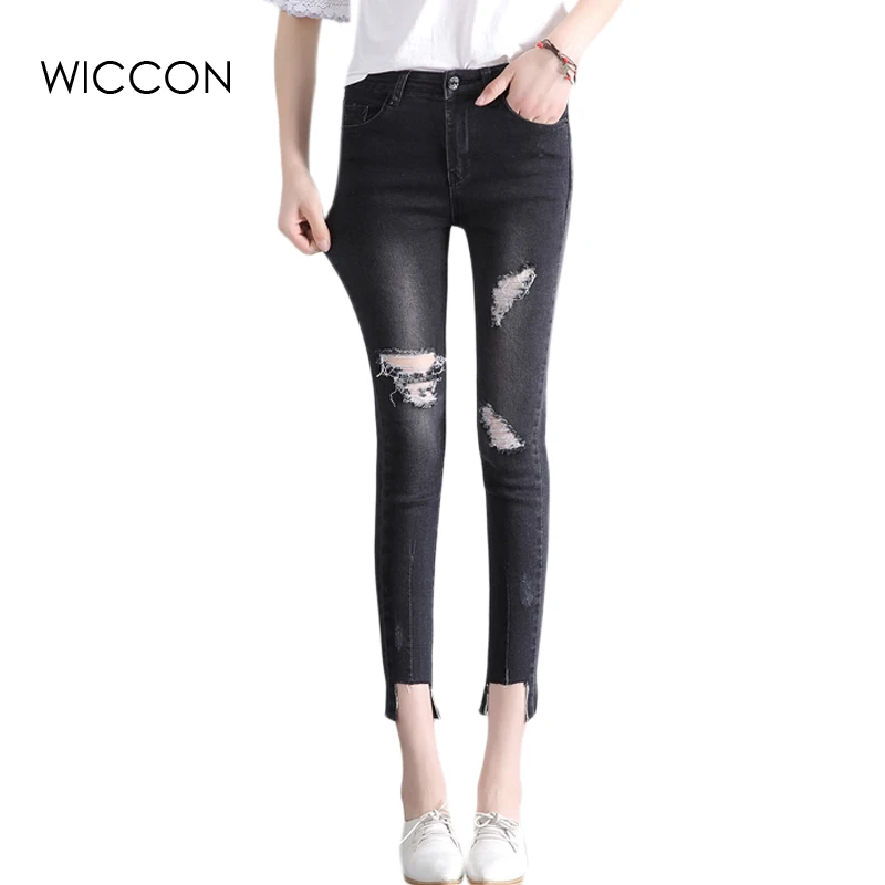 Online Get Cheap Black Jeans With Holes On Knee -Aliexpress.com Summer Black Skinny Jeans Holes on Knee Women Ankle Length Pants Bleached Ripped Slim Denim women - Online Get Cheap Black Jeans With Holes On Knee -Aliexpress.com