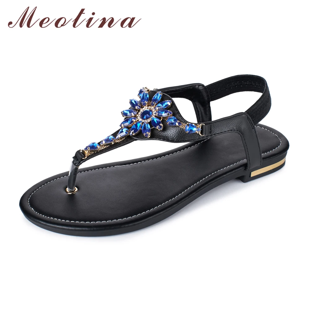 

Meotina Genuine Leather Shoes Women Sandals Thong Sandals Rhinestone Ladies Shoes Crystal Flat Sandals White Blue Big Size 34-43