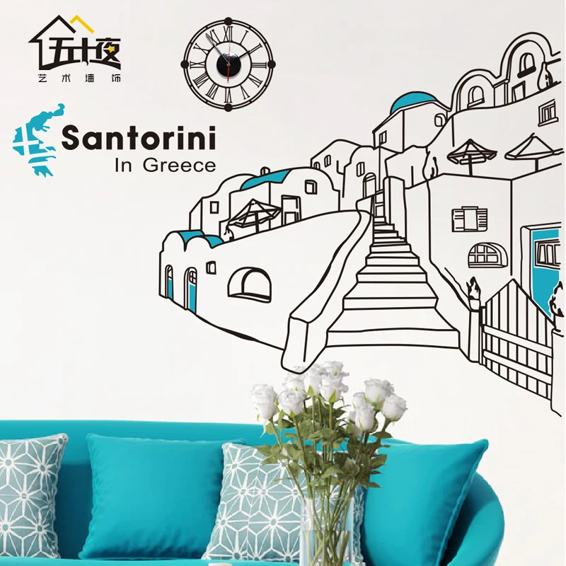 Santorini Art Wall Sticker Greece Santorini Mediterranean Lanscape Building Skyline Vinyl Wall