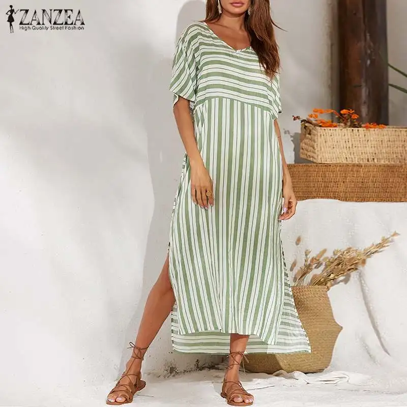 

Summer V Neck Mid-Calf Vestido Women's Striped Sundress 2019 ZANZEA Female Short Sleeve Split Robe Fashion Dress Patchwork Dress