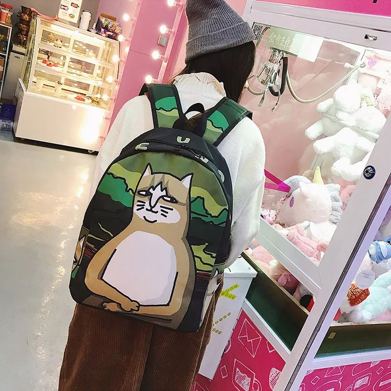 Menghuo Lovely Cat Printing Backpack Women Canvas Backpack School Bags for Teenagers Ladies Casual Cute Rucksack Bookbags (24)
