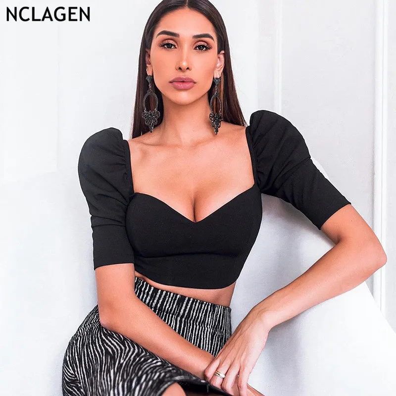 

NCLAGEN 2019 New Office Lady Sexy V Neck Puff Sleeve Navel Bare Cropped Tops Tees Backless Slim Fitness Summer Black T Shirts
