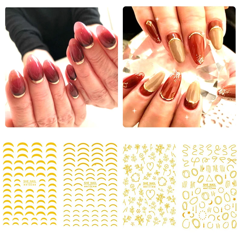 

3D Nail Sticker Transfer Decals Moon Heart Gold Wave Line Mixed Patterns French Self-adhesive DIY Nail Art Decorations Tools