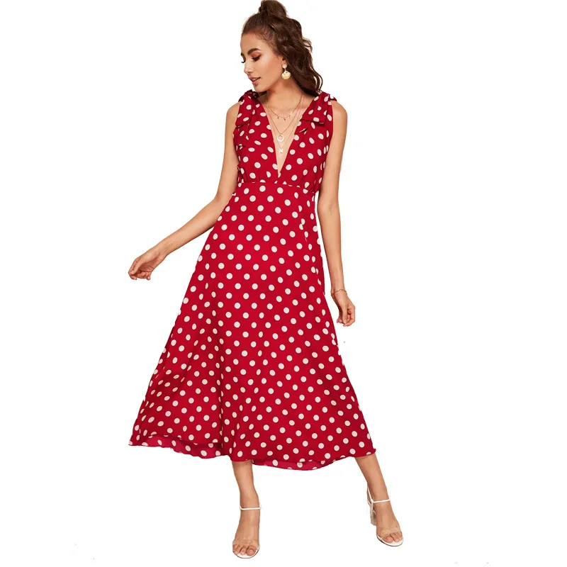 

Summer new open back v-neck long Europe and America red women's wave point leisure vacation sleeveless chiffon dress