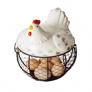 

Ceramic egg basket fruit basket garlic potato sundries blue ceramic kitchen decoration creative hen storage iron basket