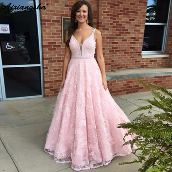 

Fashion Evening Dress V-neck Sleeveless Floor Length A-line Long Pink Applique Eevening Gown Zipper Back robe de