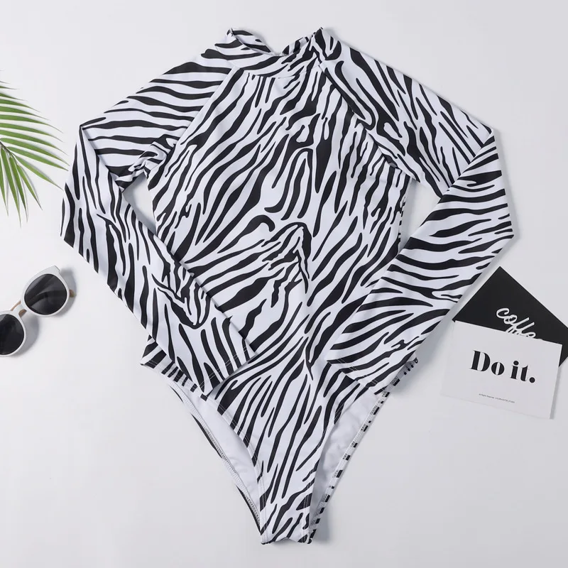 Зебра Полосатый Цельный купальник женский пуш-ап бикини женский длинный рукав для серфинга купальный костюм купальный костюм Дамский Монокини