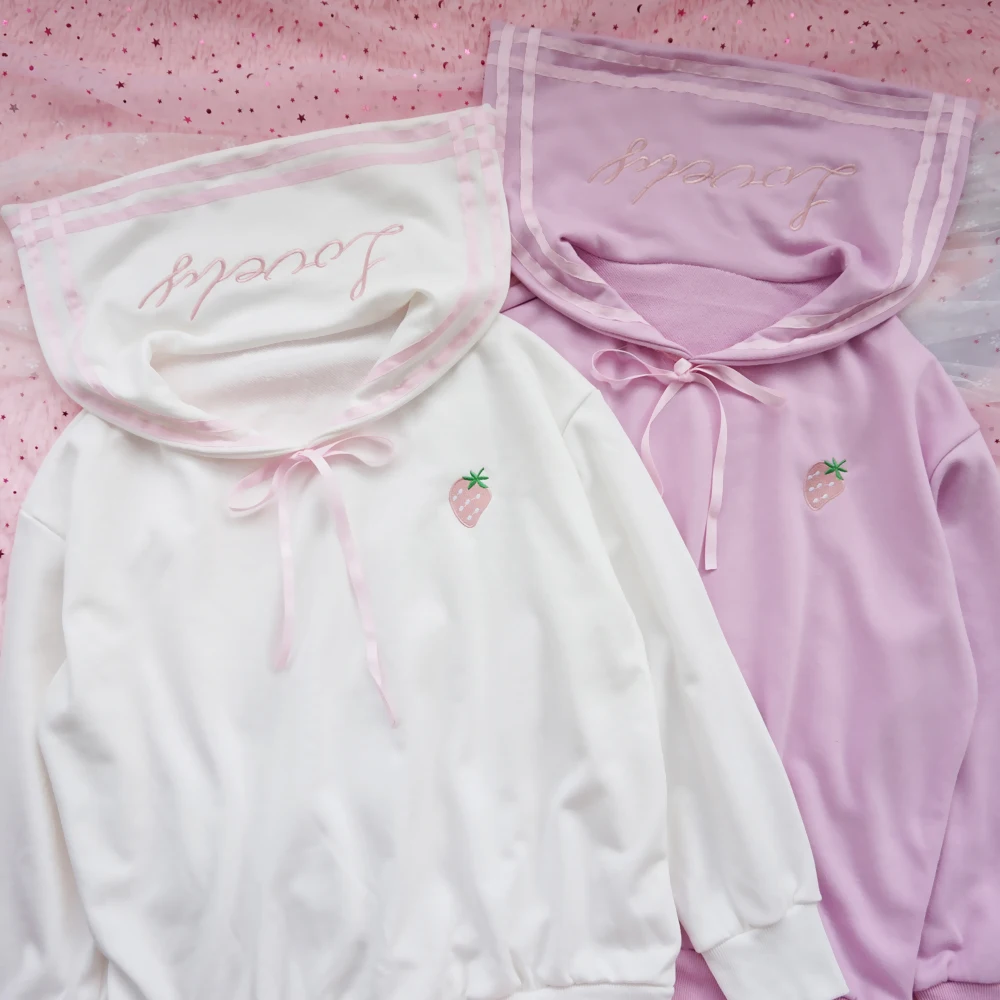 

Preppy Style Japanese Kawaii Girls Cute Strawberry Embroidery Sailor Collar Hoodie Korean Long Sleeve Bow Lolita Sweatshirt Tops
