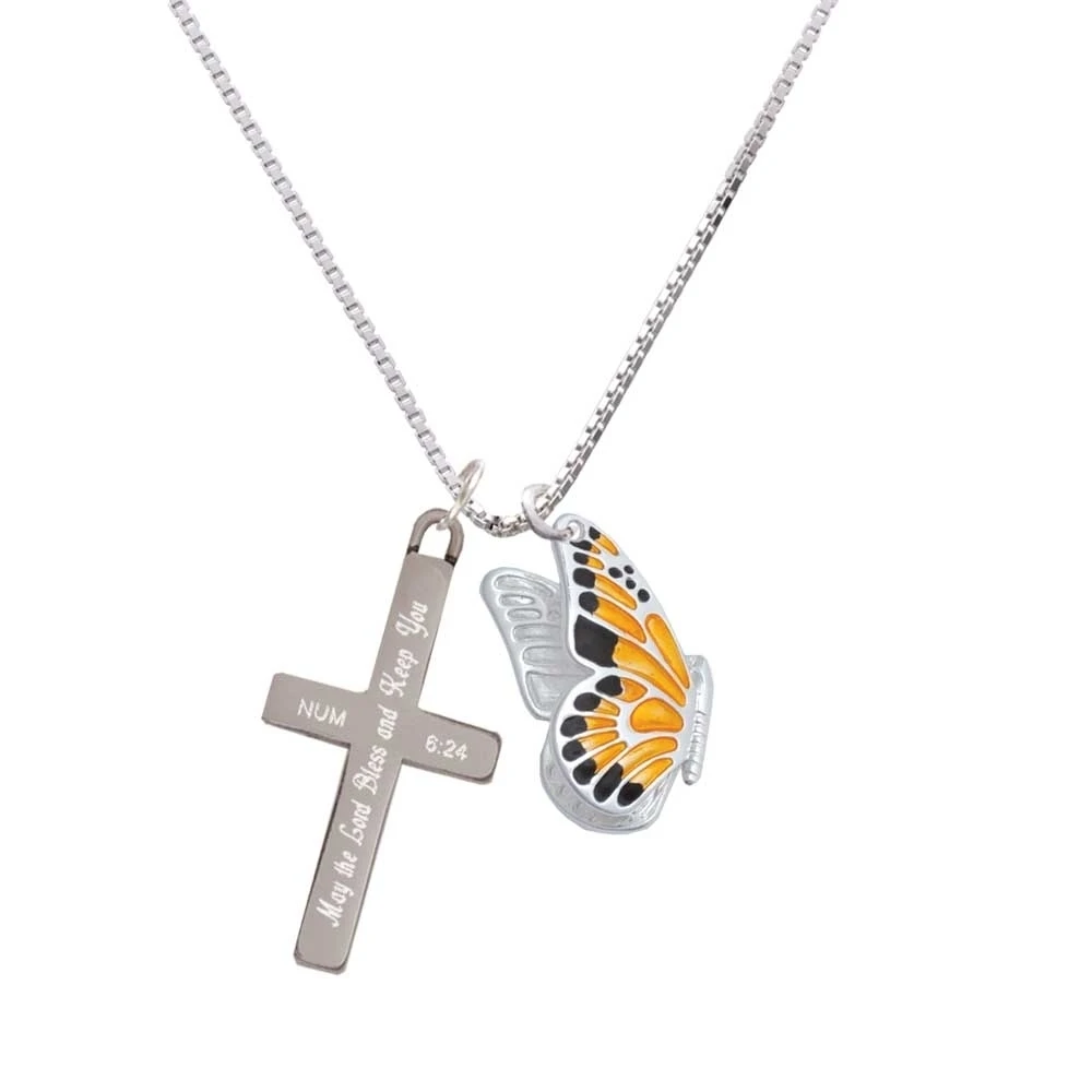 Large Orange & Black Flying Butterfly - Bless and Keep You - Cross Necklace