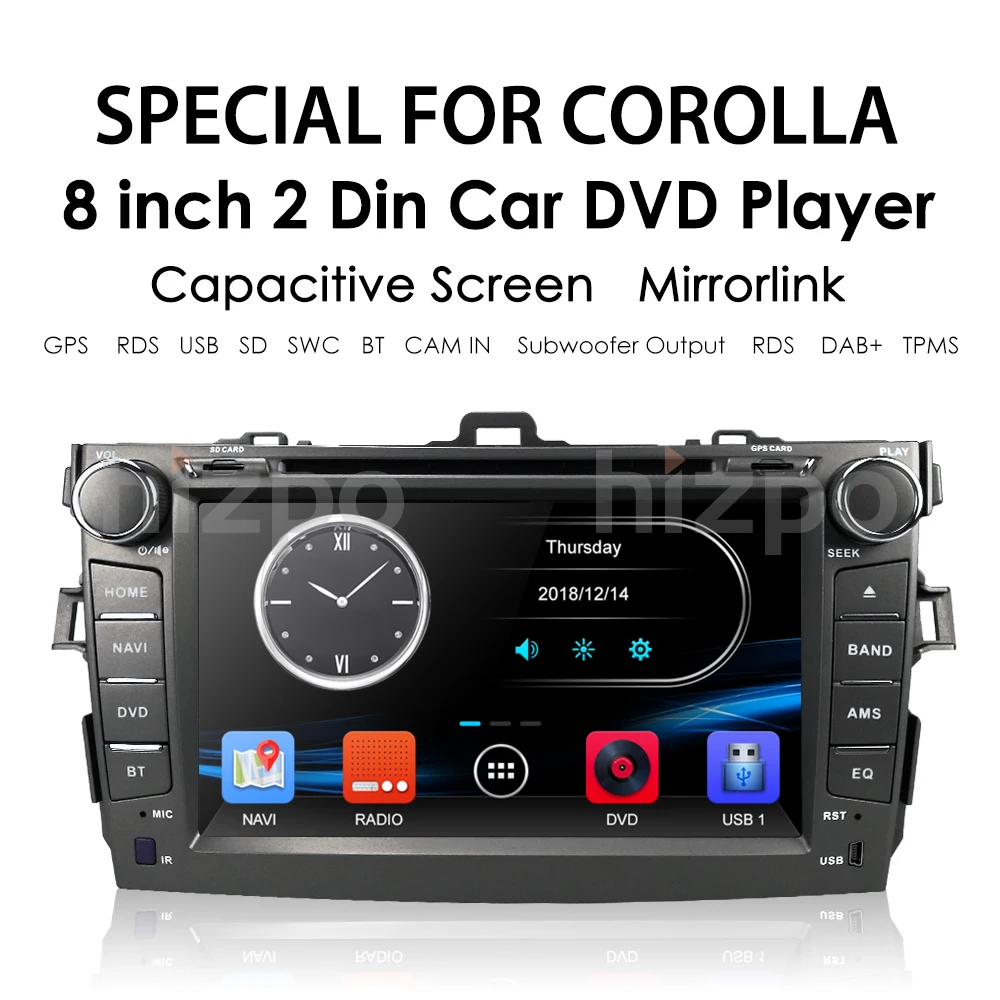 Flash Deal Hizpo Car DVD Player 8 Inch Touch Screen GPS Stereo For Toyota Corolla 2007-2011 iPhone Music/AM FM Radio/SWC/Bluetooth/3G/AV-IN 2