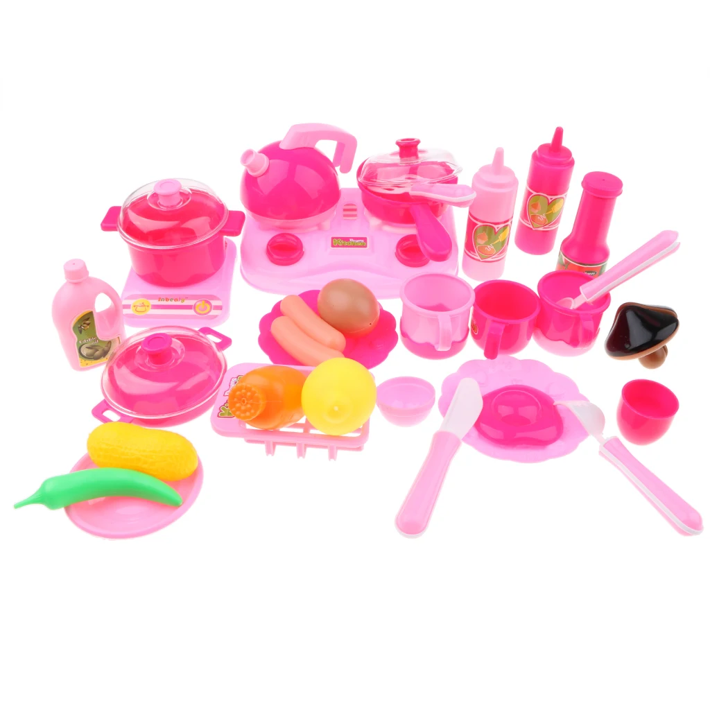 Kids Pink Kitchenware Utensils Set, Cooking Appliance, Food, Plate and Cup Pretend Toys