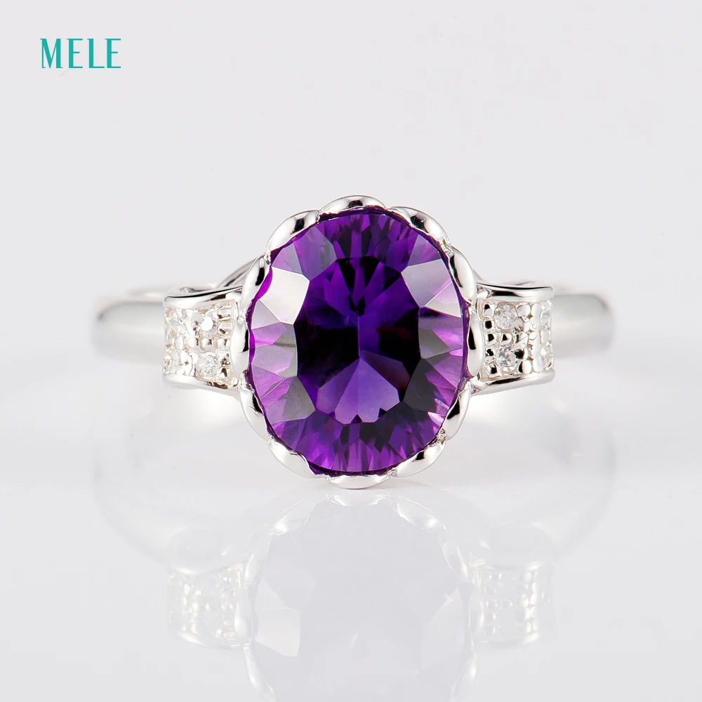 Statement Ring Adjustable Sterling Silver Band Amethyst Solitaire Purple Amethyst Ring Pantone Color Faceted Round 8mm Genuine Stone