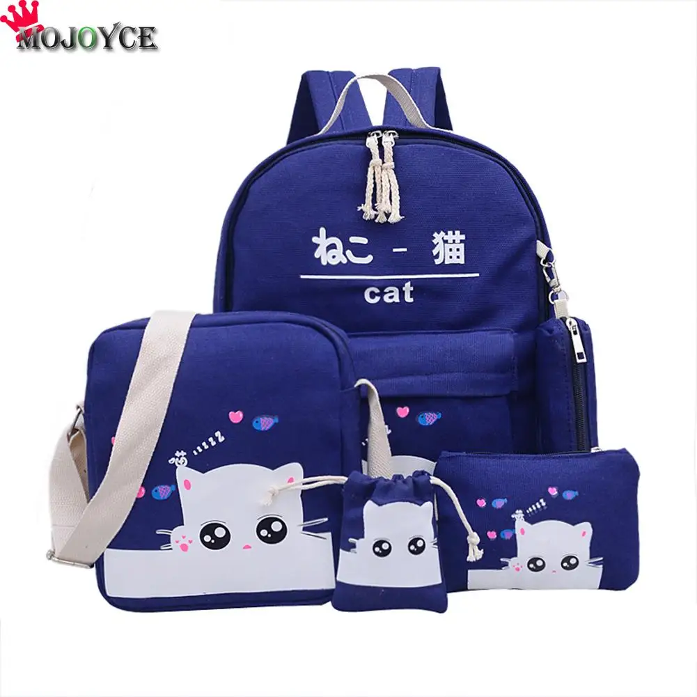 4 комплекта/шт. Женский рюкзак с принтом кота, школьный рюкзак для девочек-подростков, элегантный рюкзак, милый рюкзак, сумка для девочек Mochila Feminina - Цвет: Темно-синий