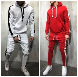 Mens Stripe Tracksuit Joggers Hooded Sweatshirt + Sweatpants 2 Piece Sets Male Red Pullover Hoodies Sportwear Sweat Suit For Man Mens Stripe Tracksuit Joggers Hooded Sweatshirt + Sweatpants 2 Piece Sets Male Red Pullover Hoodies Sportwear Sweat Suit For Man