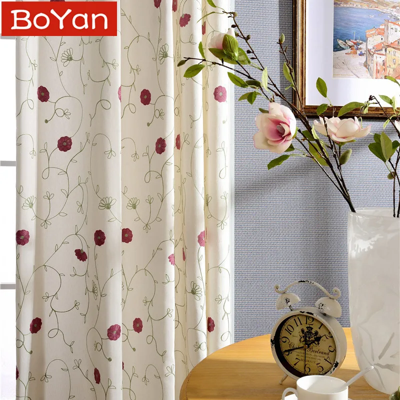 US Latest 2 Colors Europe Style Eco Cotton Polyester Red Floral Window Curtain For Living Room Embroidered Window Treatment Drapes In Curtains