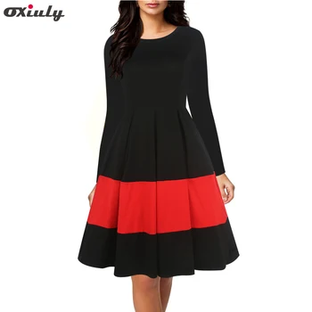 

Oxiuly Casual Autumn Winter Dress Full Sleeve Women Black and Red Patchwork Pleated Dress Elegant Office Work Dresses