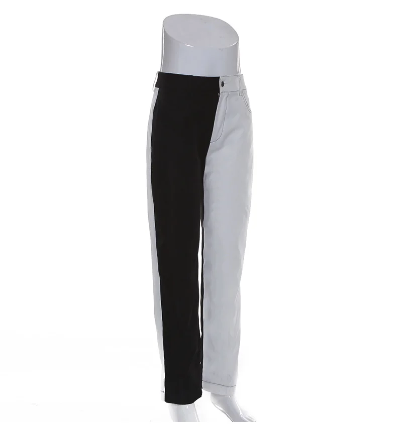 Уличная одежда в стиле Харадзюку, пэчворк, контрастный блок, белый, черный цвет, тонкая ткань, хлопок, деним, тонкие штаны с высокой талией, модные женские брюки