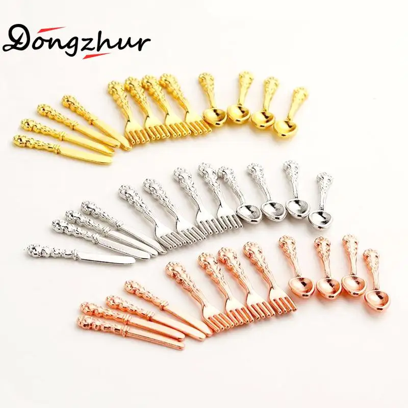

12PCS/set Mini Vintage Dollhouse Miniatures Tableware Cutlery Gold Silver Knife Fork Spoon Childrens Toy Doll House Mini Cutler