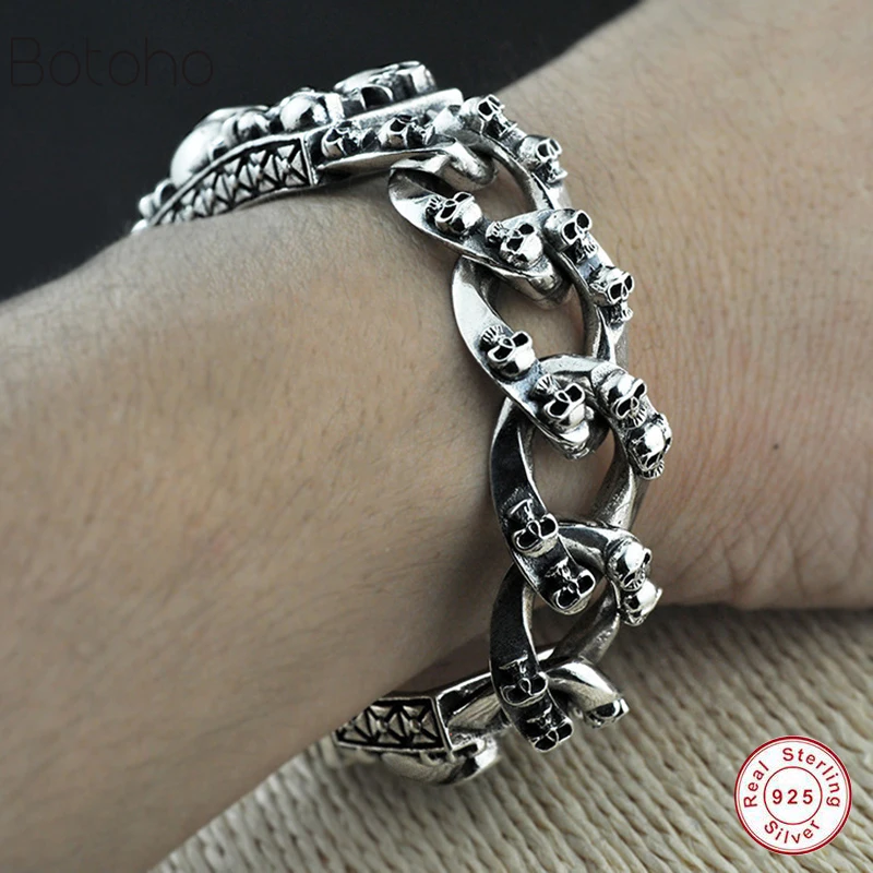 Skull Sterling Silver Bracelets Men 925 Charm Skeleton Skull Sterling Silver Bracelets Men 925