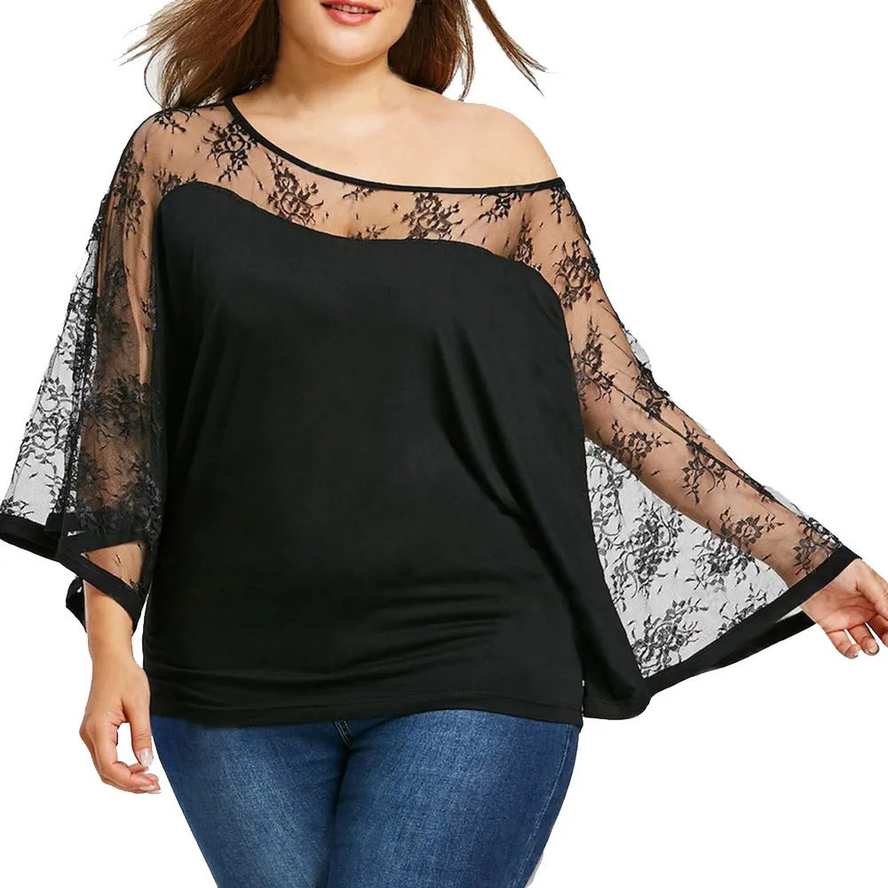 HOT women's blouses and shirts 2019 Plus Size XL-5XL Lace Patchwork Sexy Perspective Blouse Tops Shirt Summer blusa feminina A20
