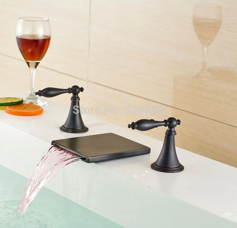 

LED Waterfall Basin Faucet Dual Handles Deck Mounted Mixer Tap Oil Rubbed Bronze