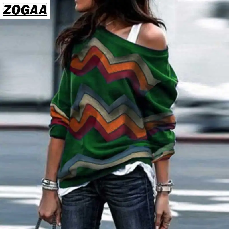 ZOGAA Autumn Winter Strapless Colorful Stripe Tops In Europe and America Long Sleeves Geometry Printing Shirt Women Coats A13 ZOGAA Autumn Winter Strapless Colorful Stripe Tops In Europe and America Long Sleeves Geometry Printing Shirt Women Coats A13