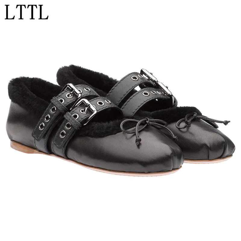 LTTL Latest Autumn Winter Plush Double Breasted Buckle Straps Bowtie Round Toe Flat Ballet Shoes Women Dress | Обувь