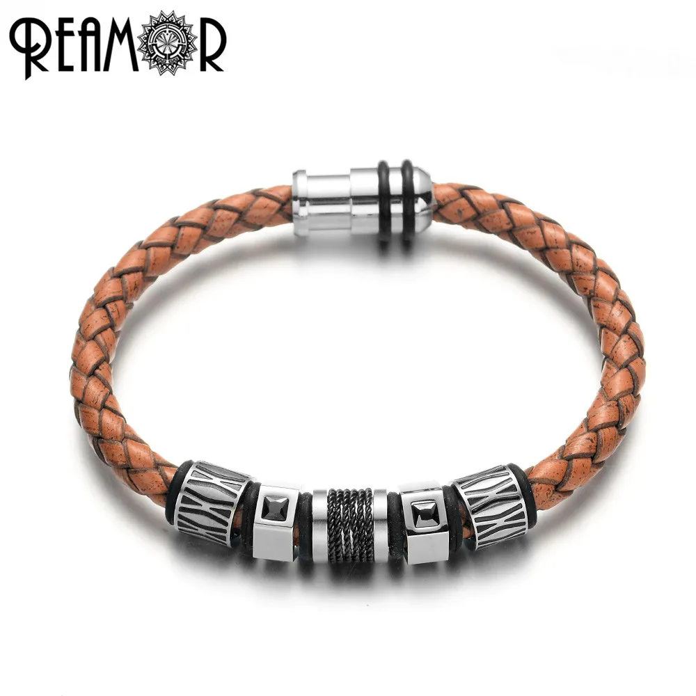 

REAMOR Vintage Brown Genuine Leather Braided Men Bracelets 316L Stainless Steel Beads Bracelet 17-21cm Bangles For Male Jewelry