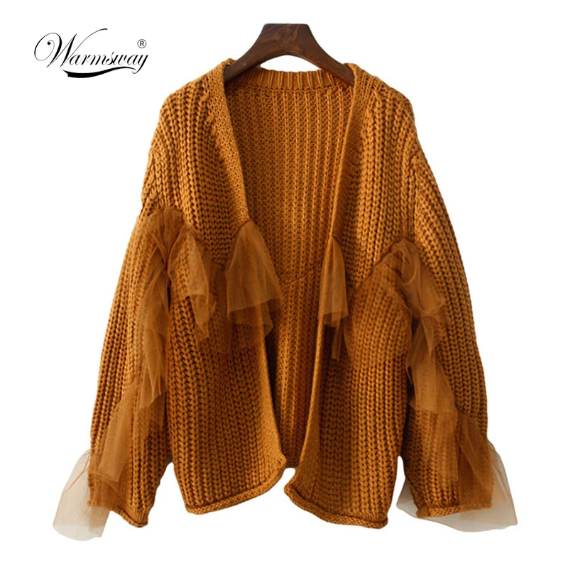 

Woman Coarse Wool Knit Cardigans Sweaters Mesh Gauze Patchwork Ruffled Long Sleeve Loose Jacket Coats for Women C-395