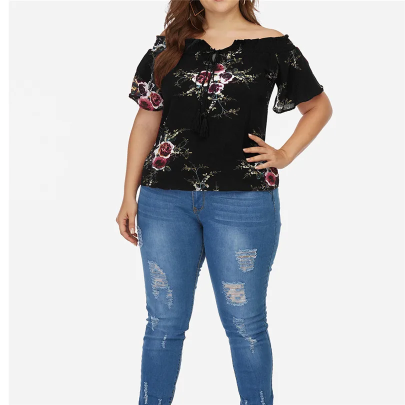 New Fashion Women Summer Casual Daily Plus Size Slash Neck Off Shoulder Floral Print Tassel Ribbons Top #4F05 (6)