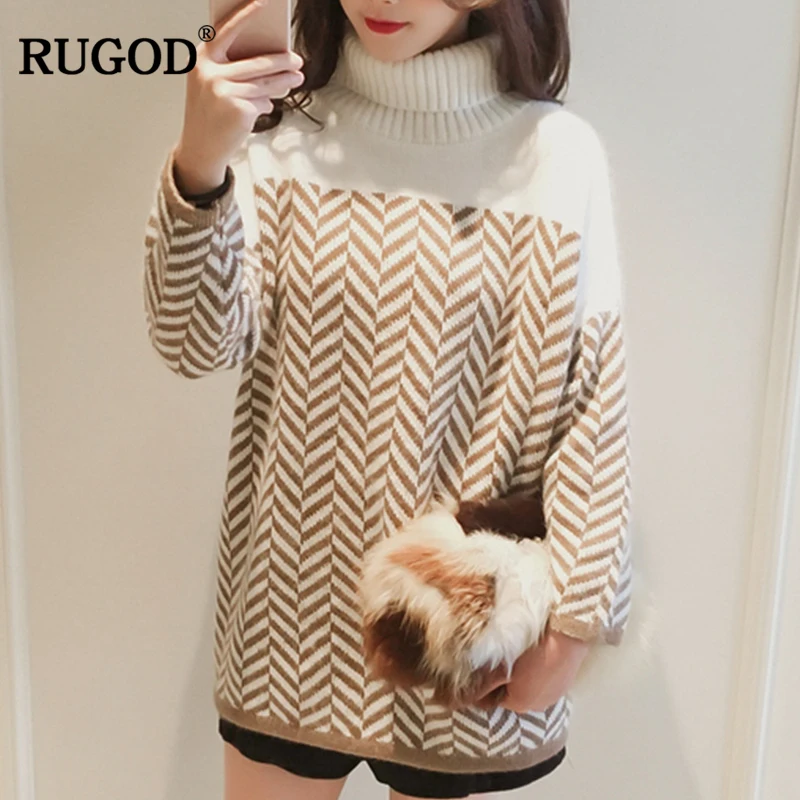 

RUGOD 2018 Autumn Winter Knitted Sweater Women Warm Thick Turtleneck Sweater Pullovers Female Color Block Jumper Sueter Mujer