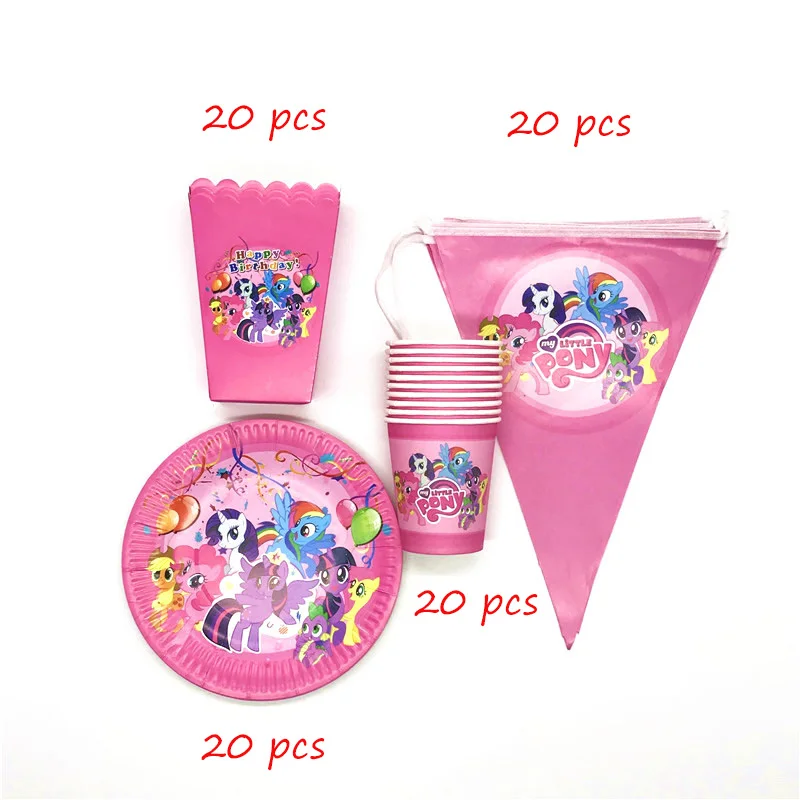 

80pcs/Lot My Little Pony Theme Birthday Party Disposable Cup Plate Banner Hat/Popcorn Box/Straw Tableware Decoration Supplies