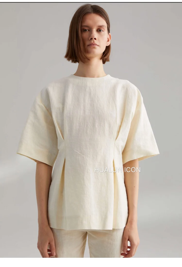 

WISHBOP Woman Loano Cotton linen blouse creme Black dropped shoulder tailored Gathered waist Fashion Casual TOPS WOMAN