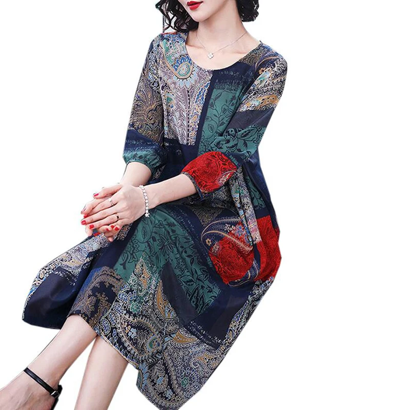 

2019 Vintage Printing Summer Dress Women O-Neck Plus Size Three Quarter Sleeve Soft Silk Dresses Elegant Woman Long Vestidos