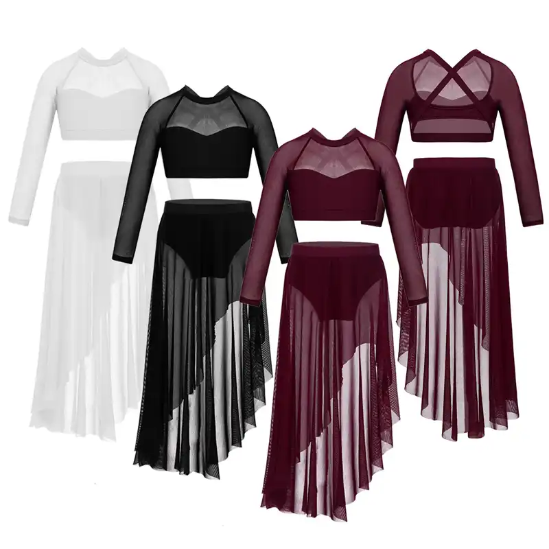 Girl Long Sleeve Dance Dress Tulle Lyrical Ballet X-back Crop Top+Long Skirt Set