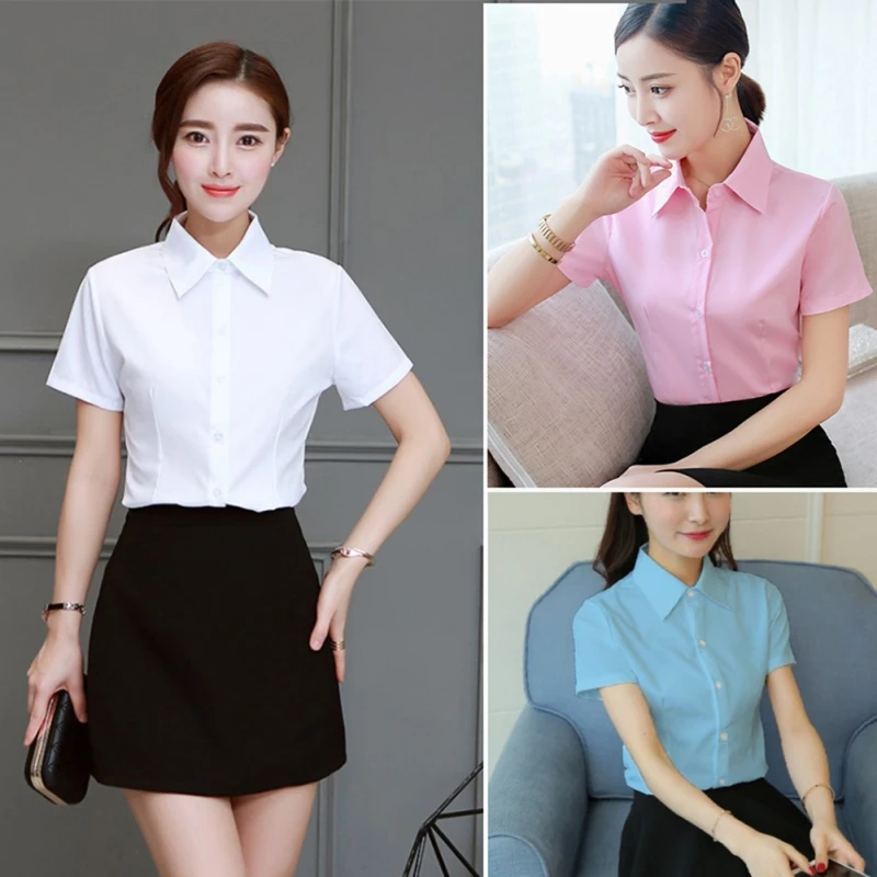 2019 Women Summer Plus Size Solid White Office Wear Loose Shirts Female Slim Fit Lapel Blouses Casual Short-sleeved Tops Shirts