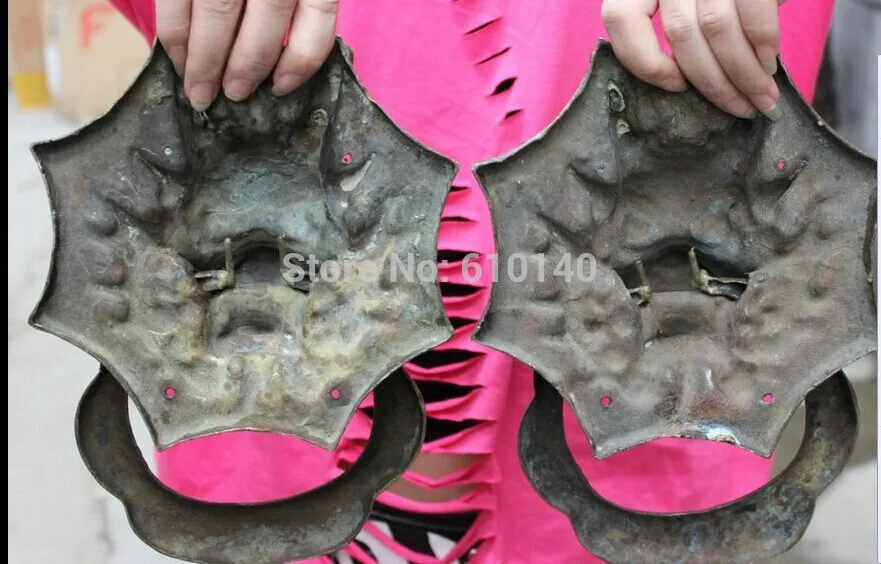

10" Chinese Copper Temple Guardion Dragon Head Statue Gate Door Knocker Pair
