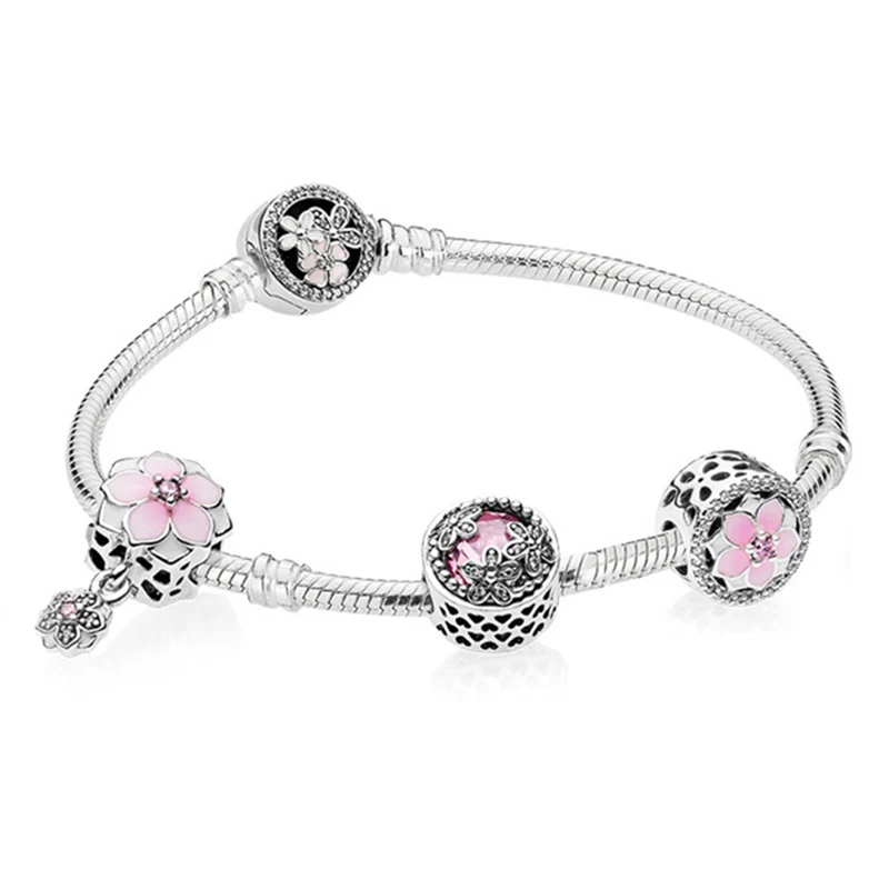 

NEW Genuine 100% 925 Sterling Silver Bracelet Set For Europe Women Spring flowers Original birthday Gift DIY Charm Jewelry