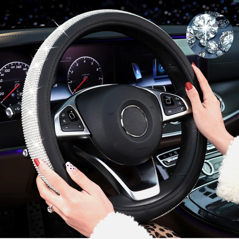 

38CM Car Real Leather Steering Wheel Cover Crystal Rhinestone Cover Steering-Wheel Covers Car Interior Accessories For Women