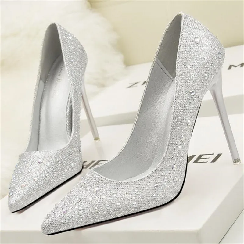 

LAIDILANGTU fashion sweet elegant elegant fine with high-heeled shallow mouth was thin pointed diamond rhinestone single shoes