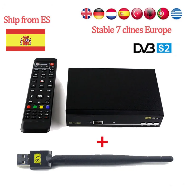 

Original V8 Super DVB-S2 Satellite Receiver Full 1080P +Italy Spain Arabic 7 Clines With USB WIFI Biss Key PowerVu iptv DVB S2