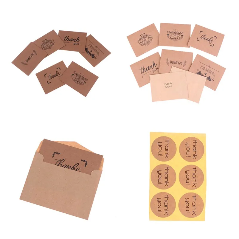 

MENGXIANG 1Set/6pcs Thank You Greeting Card kraft Paper Envelopes Seal Sticker Wedding Party Mini Brown Paper Card