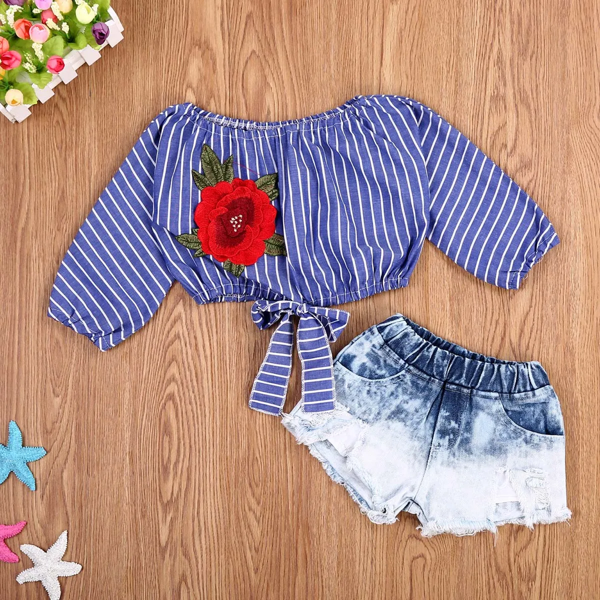 Модная детская одежда для маленьких девочек Полосатые укороченные топы, футболки, блузка джинсовые короткие джинсы, штаны, наряды