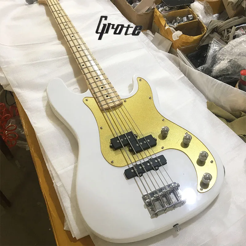 White Electric Bass Guitar with 4 Strings,Gold Pickguard,Rosewood