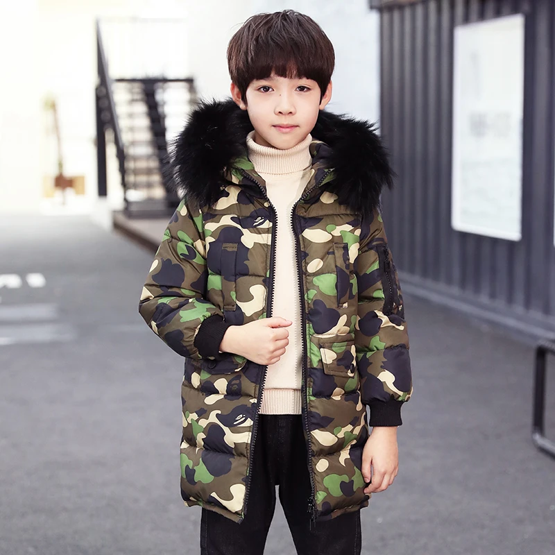 

2018 New Boys Winter Warm Long Jacket Kids School Fur Hooded Camouflage Coat Casual Children Cotton-Padded Kids Winter Clothes